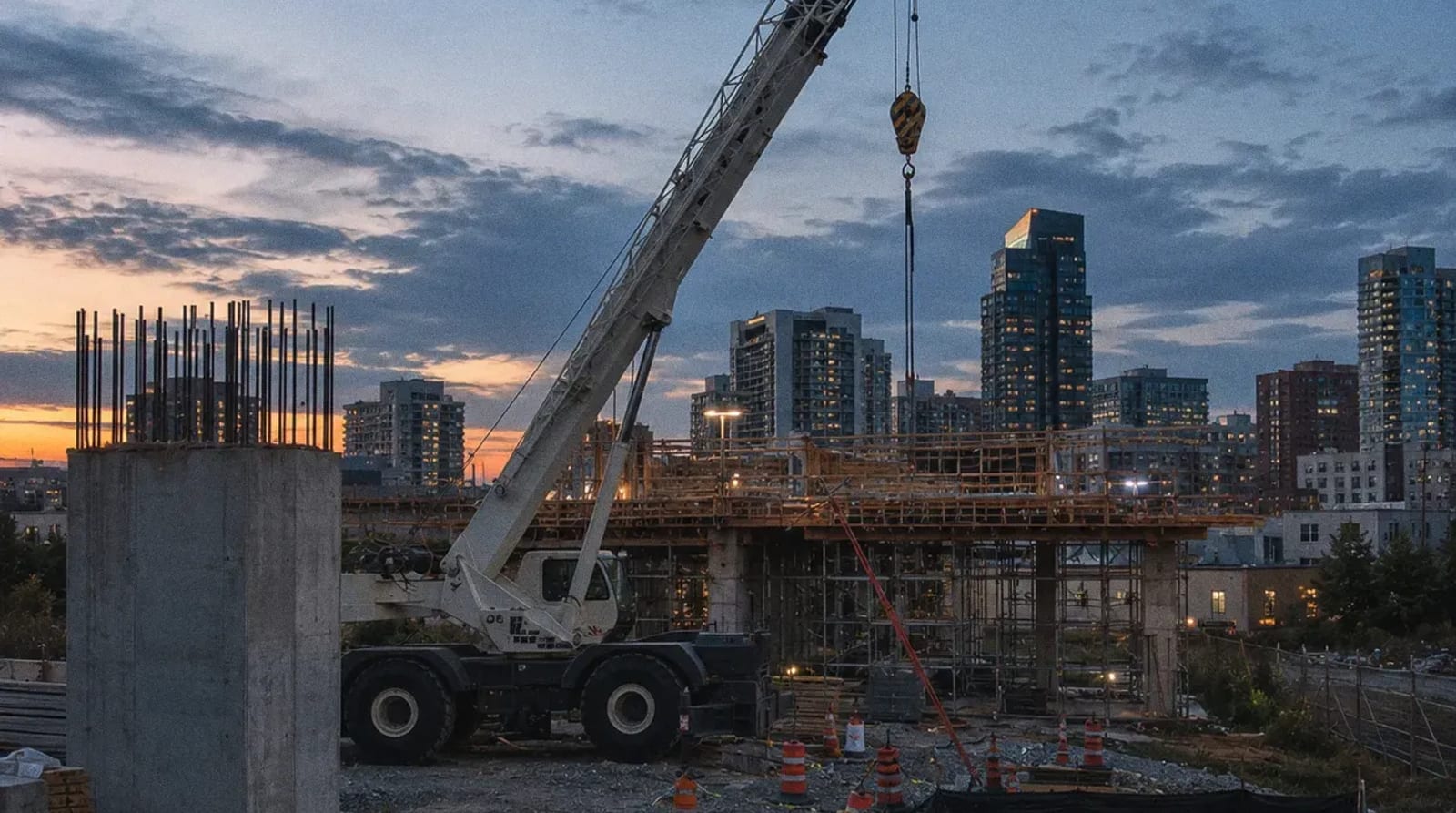 Chantier de construction en ville au crépuscule, avec une grue