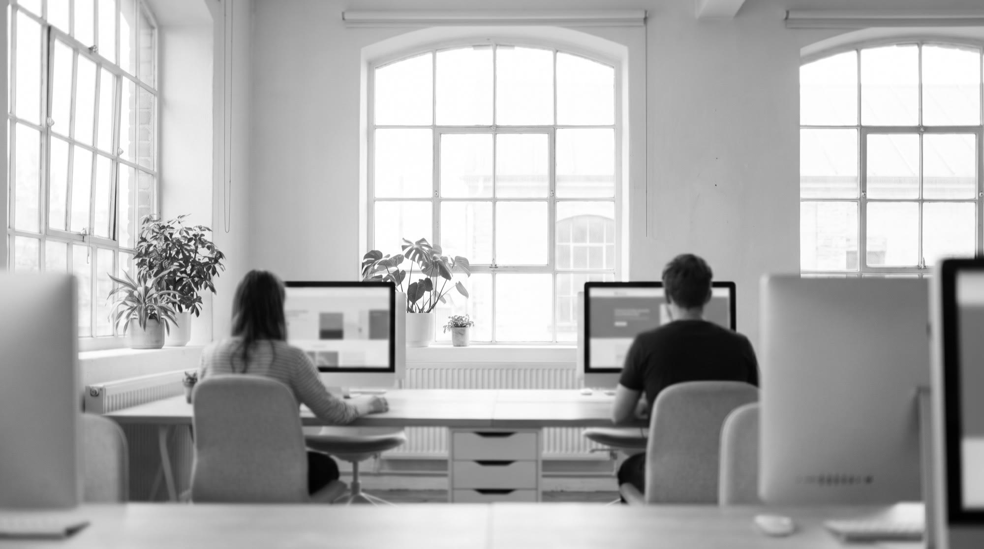 Studio d'agence web en soirée avec plusieurs écrans