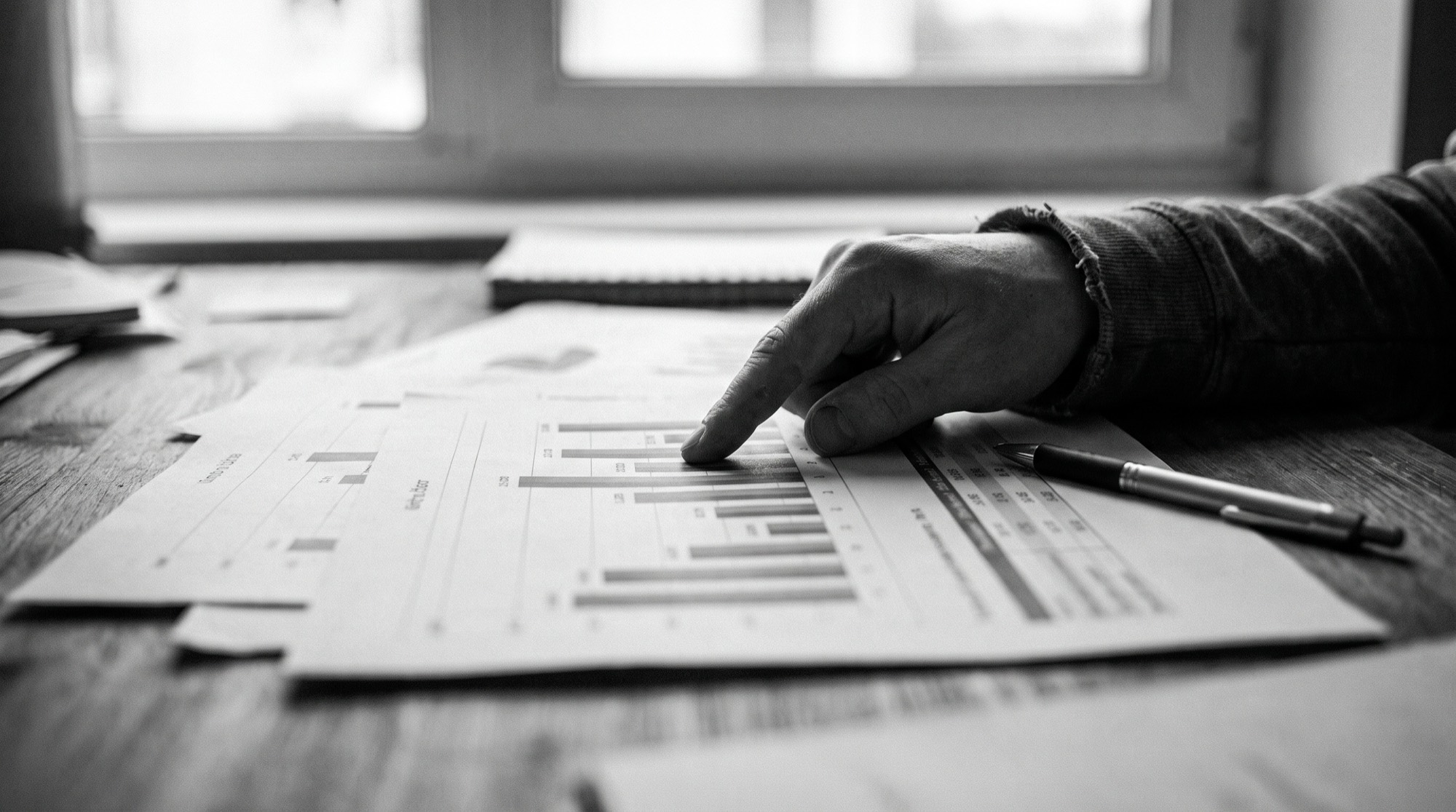 Graphiques imprimés et main qui pointe des résultats