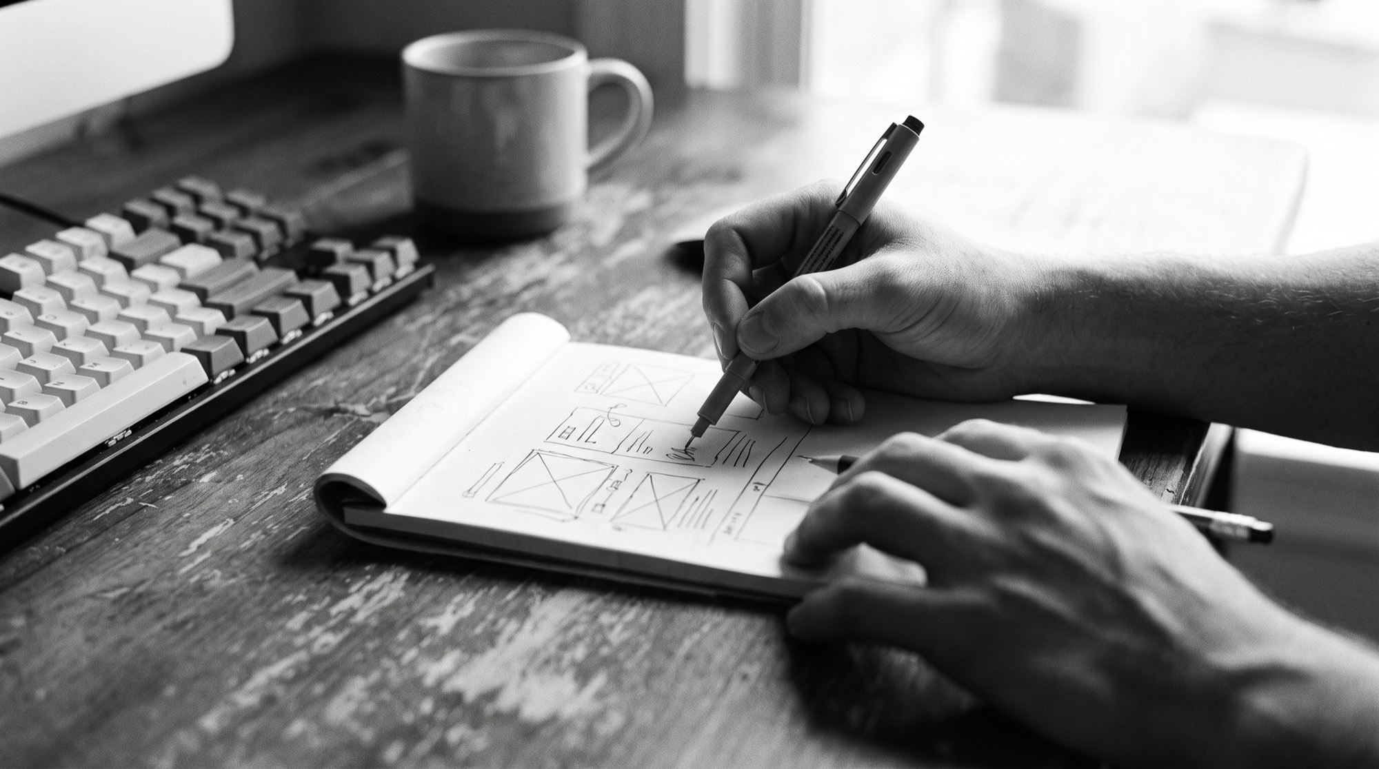 Mains qui esquissent une maquette de site sur papier